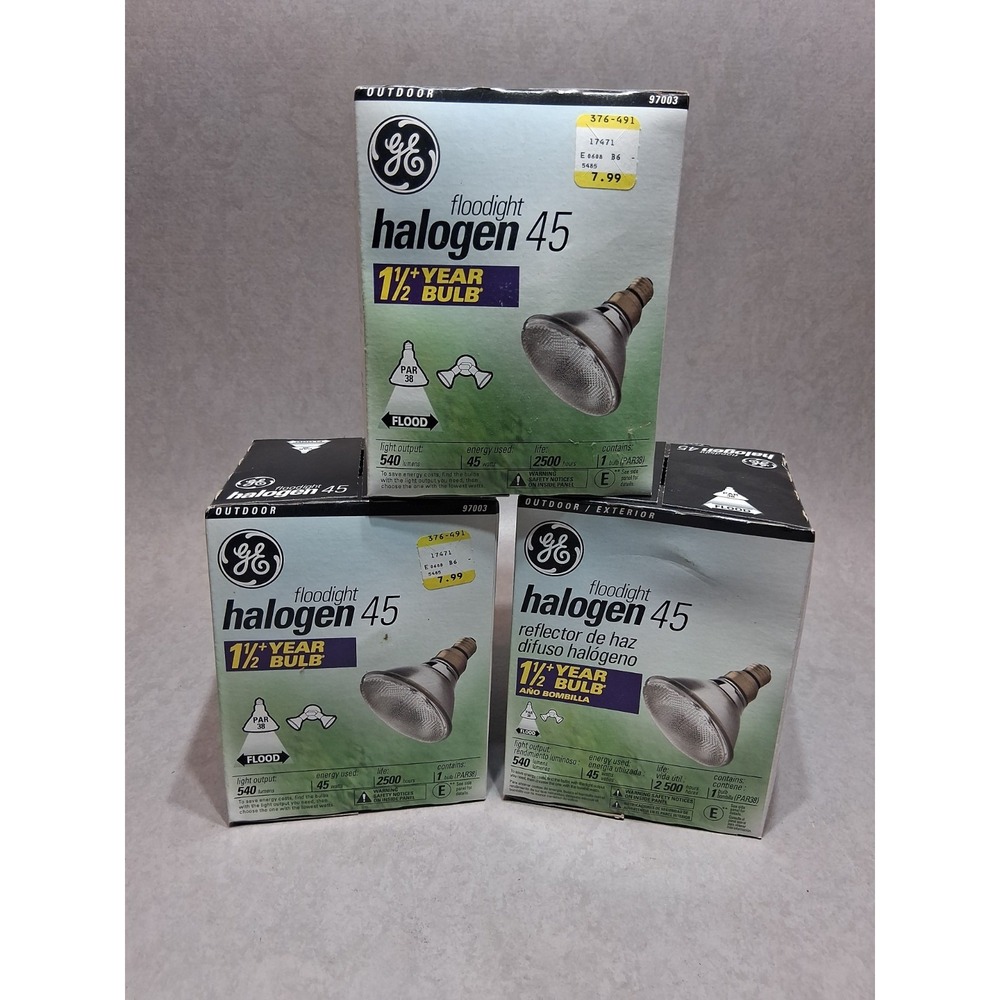 GE Halogen Outdoor Floodlight 45W Output 540 Lumens 2500 Hours NIB 97003 3-Pack